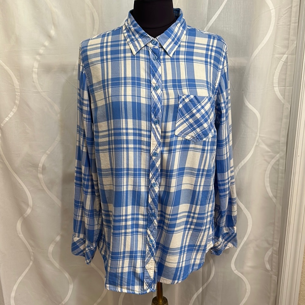 Bit & Bridle Blue & White Plaid, Button Down Shirt, size Large